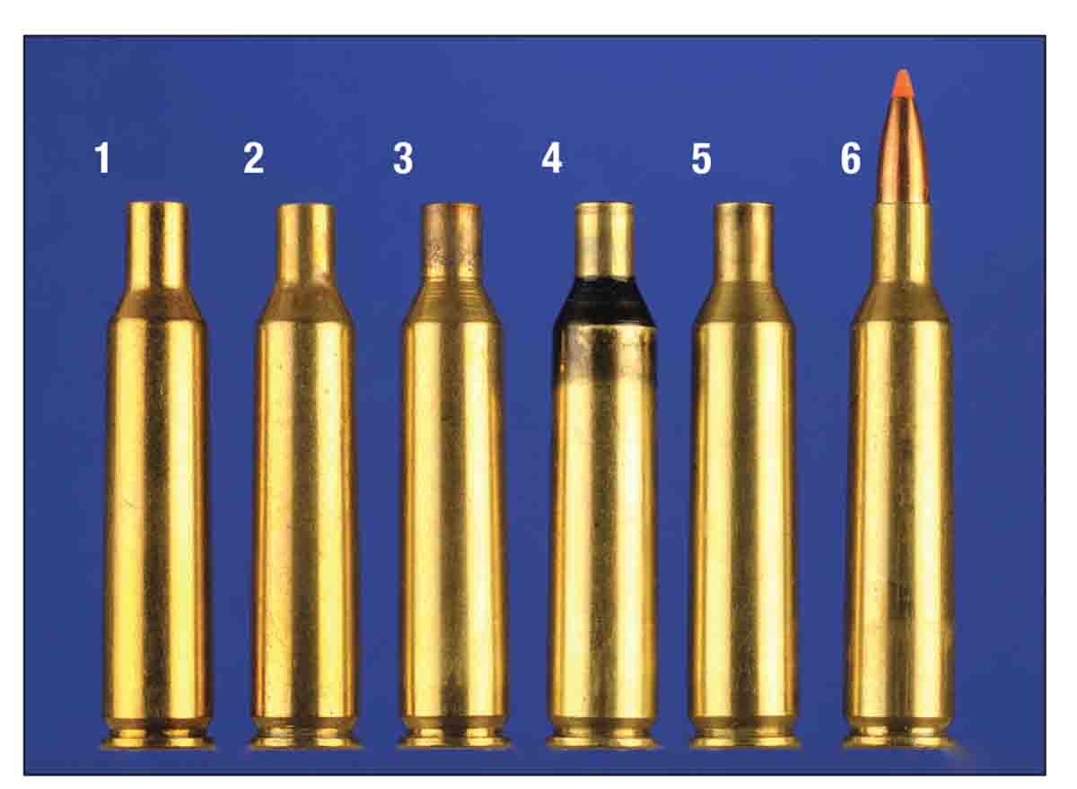 Forming brass for the .224 Texas Trophy Hunter, left to right: 1) 6mm Remington case, 2) necked down to .224 inch, 3) fireformed case, 4) neck sized only, 5) cleaned for loading, 6) loaded cartridge.
